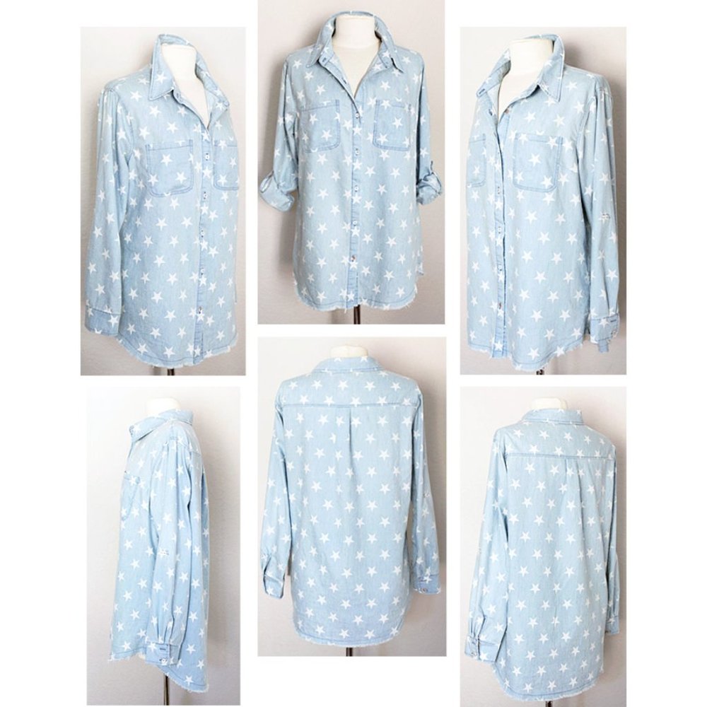 Light Blue Stars Cotton Fray Hem Button Up Shirt - Picture 7 of 8